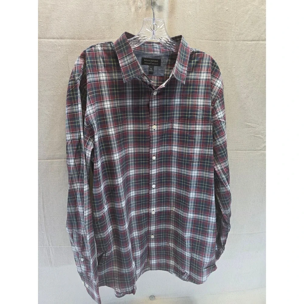 Banana Republic Mens XL Stretch Soft Wash‎ Slim Fit Plaid Button Down Shirt Red